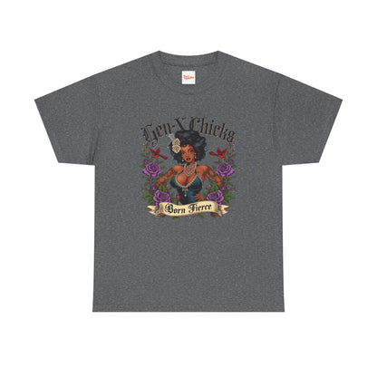 Gen X Chicks Born Fierce T-Shirt — Retro African American Rocker with Purple Flowers