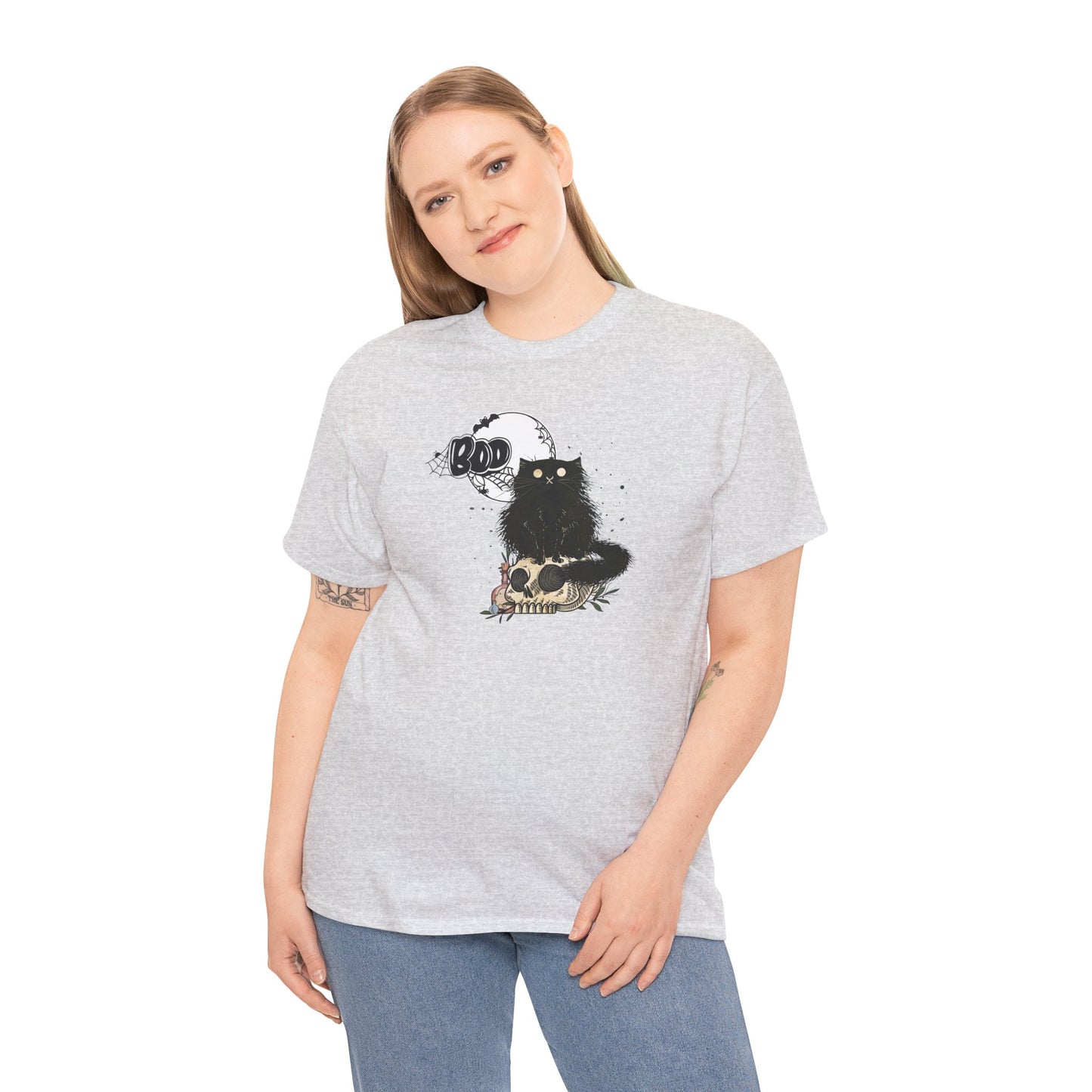 Halloween Unisex Tee with Black Cat and Skull Graphic