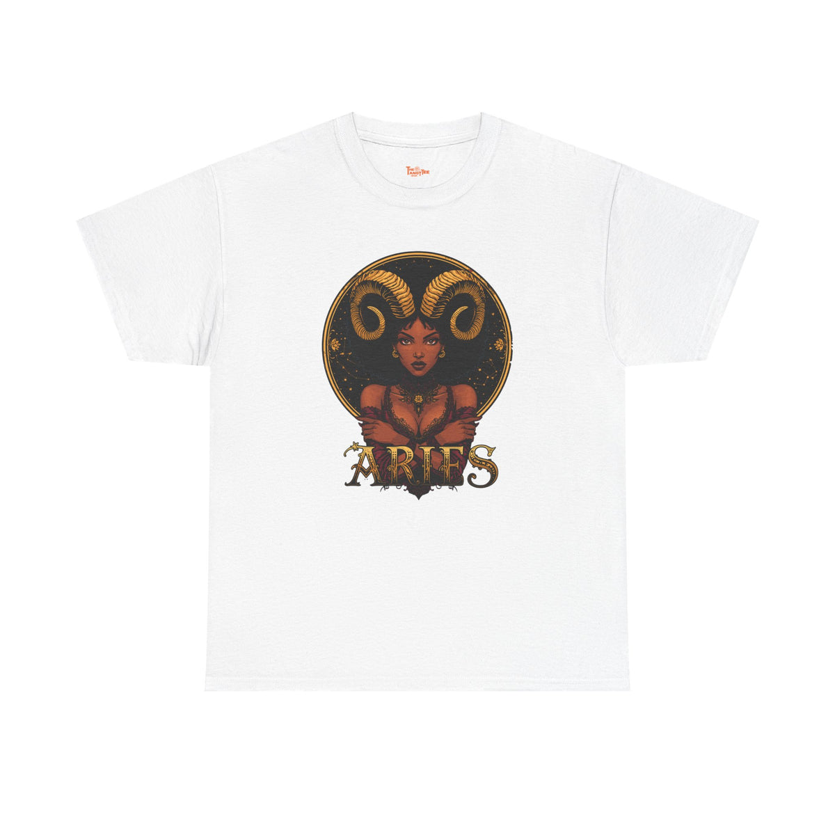 Aries Art Nouveau Tee — African American Woman with Ram Horns Zodiac Graphic