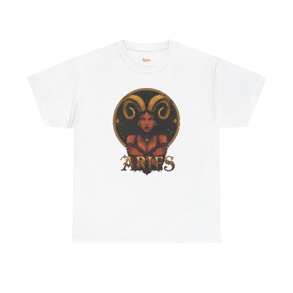 Aries Art Nouveau Tee — African American Woman with Ram Horns Zodiac Graphic