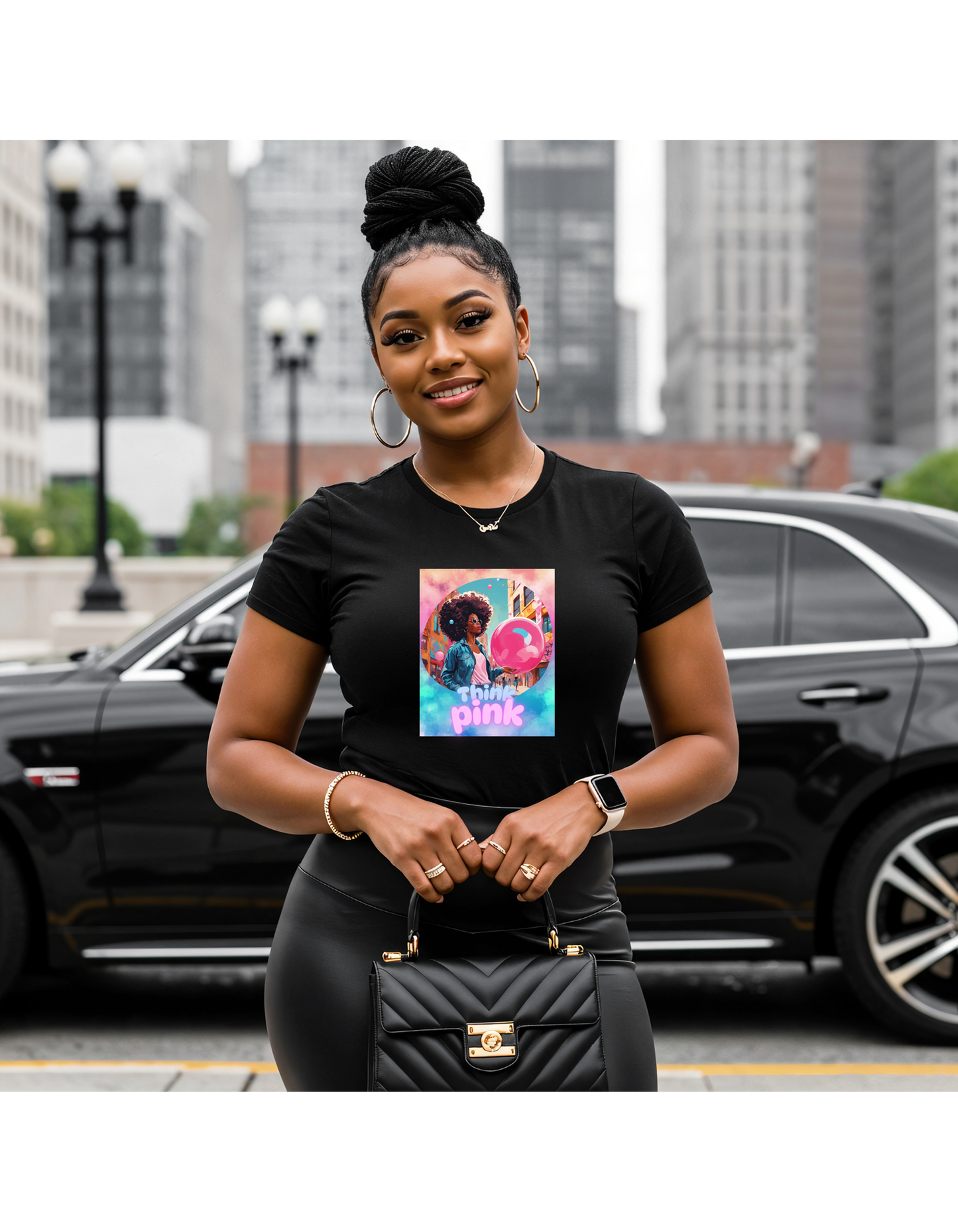 Think Pink Graphic Tee, Black Woman T-Shirt