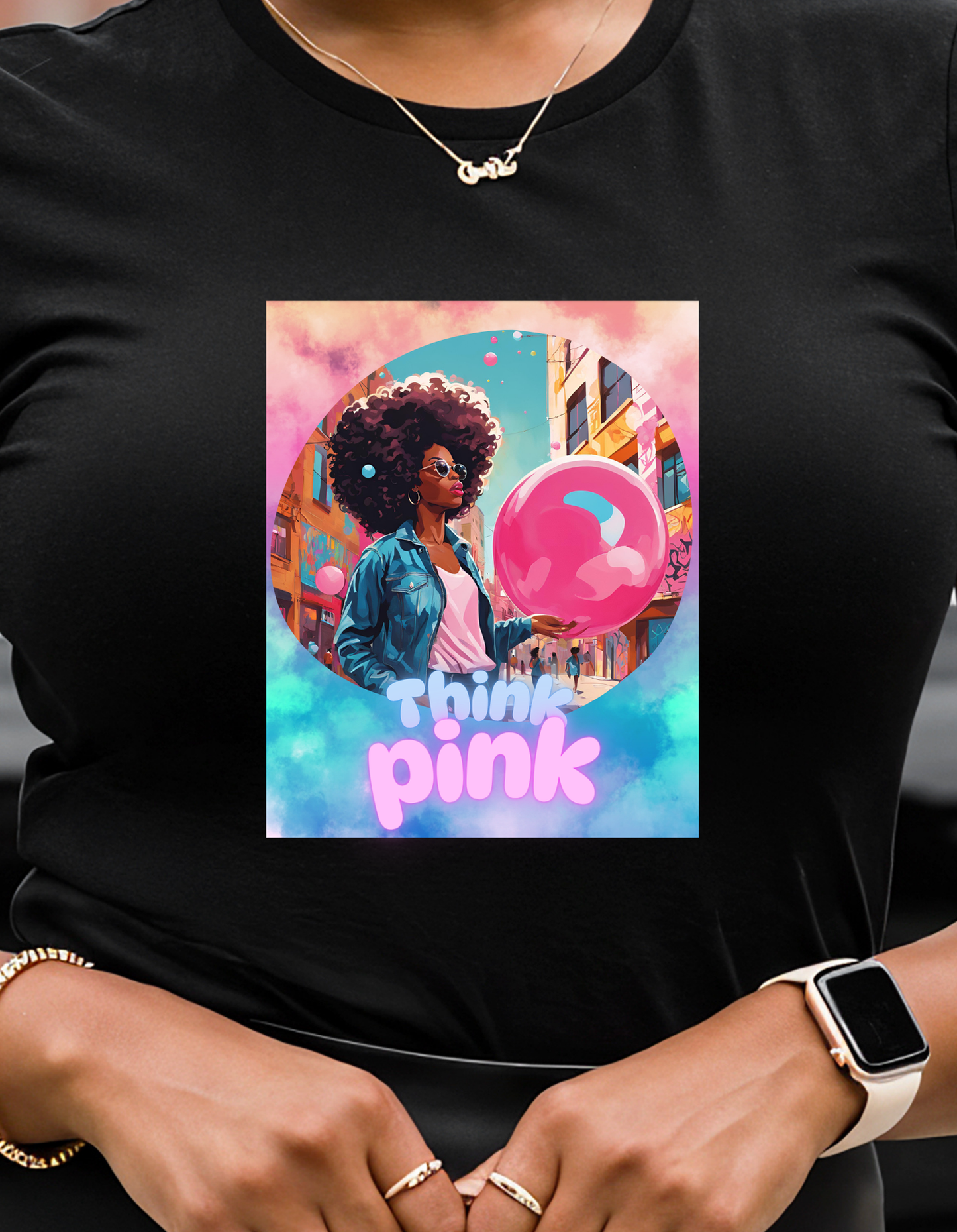 Think Pink Graphic Tee, Black Woman T-Shirt