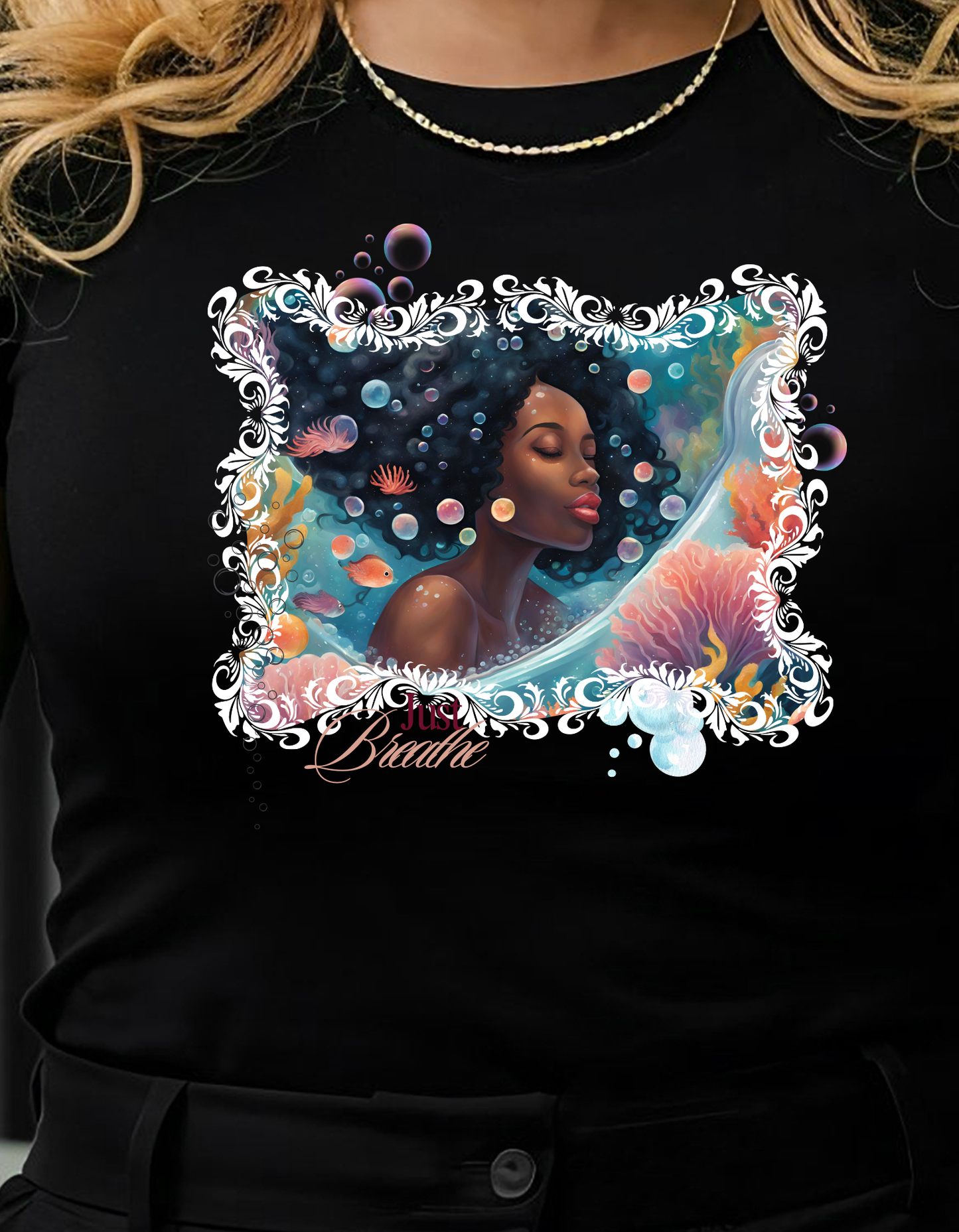 Just Breathe Unisex Tee - Graphic of Black Woman in the Bath