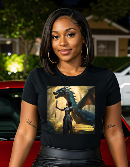 Strength Warrior T-Shirt - Black Woman with Dragon Ally
