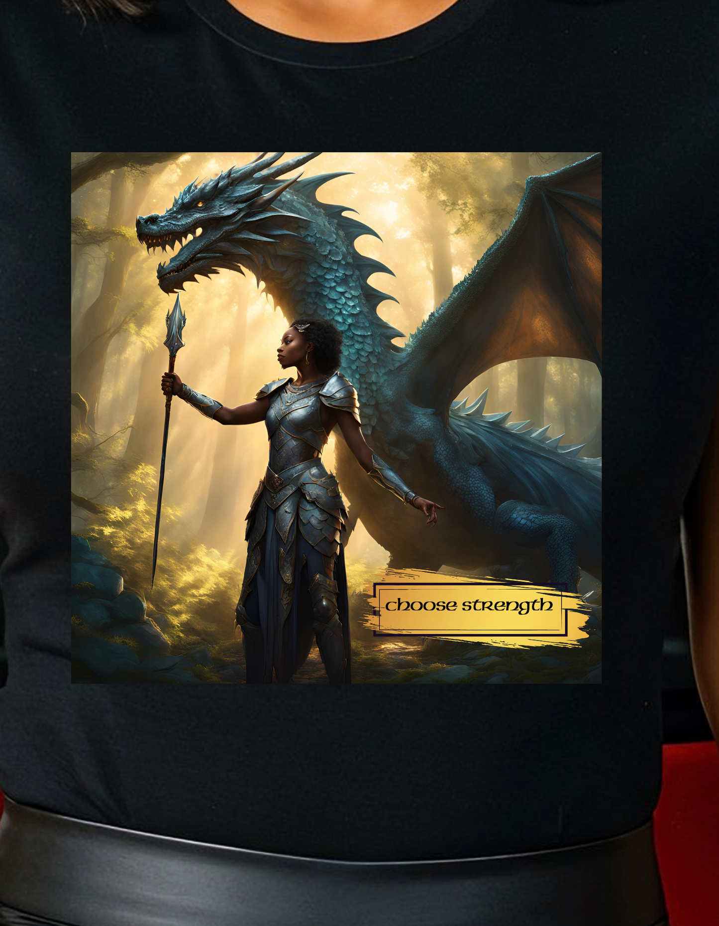 Strength Warrior T-Shirt - Black Woman with Dragon Ally