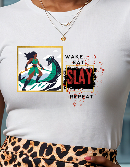 Wake Eat Slay Repeat Unisex Tee - Black Woman Sea Monster Graphic