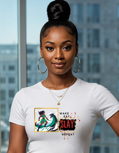 Wake Eat Slay Repeat Unisex Tee - Black Woman Sea Monster Graphic