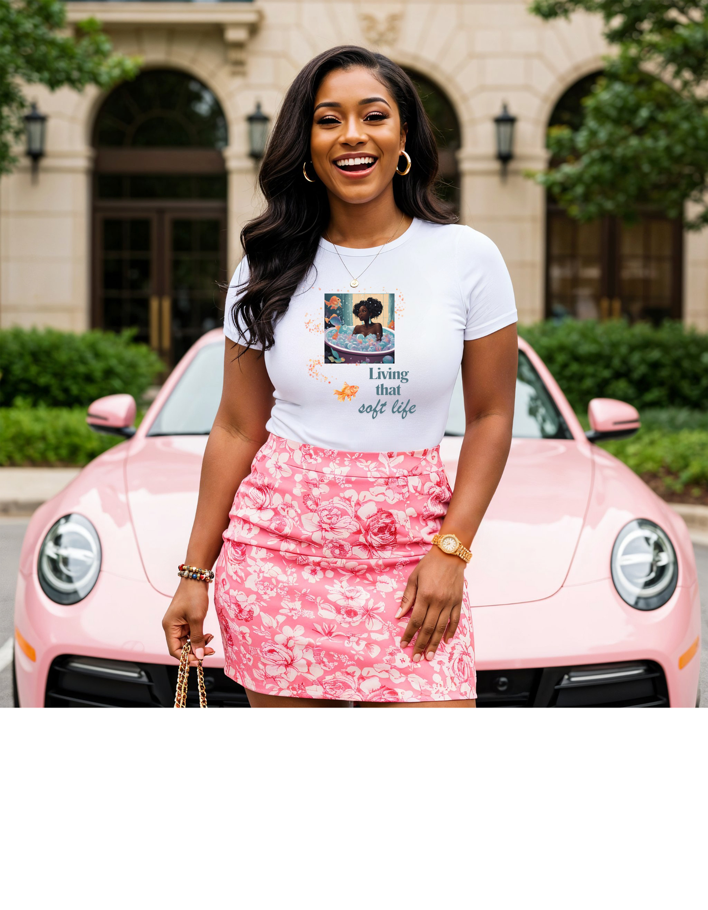 Soft Life Graphic Unisex T-Shirt - Black Woman in Bath with Goldfish and Bubbles