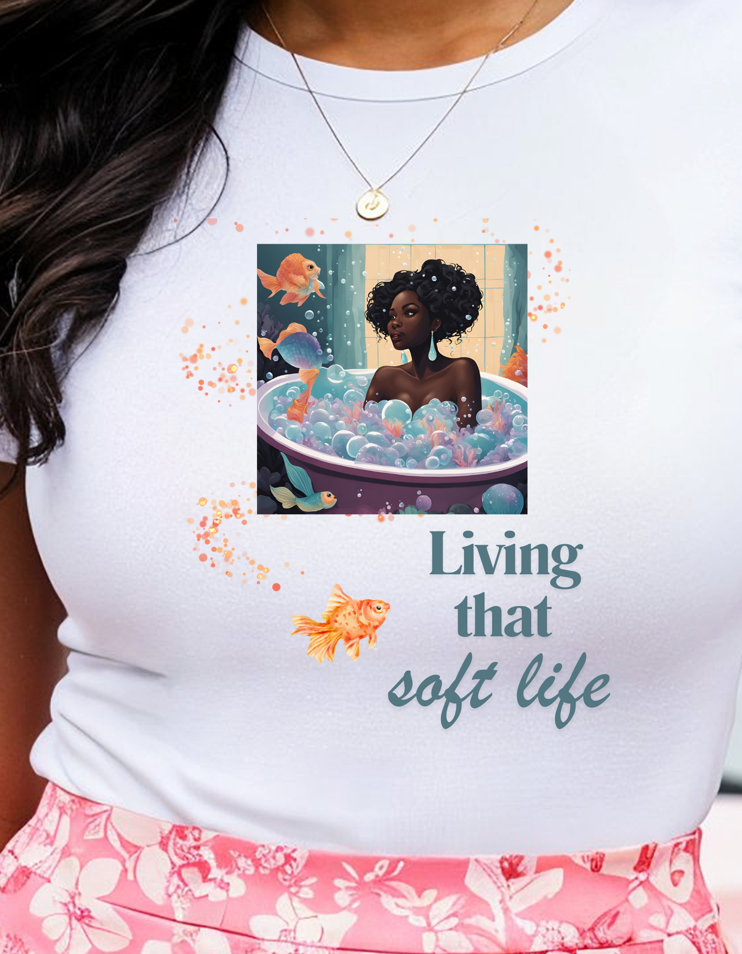 Soft Life Graphic Unisex T-Shirt - Black Woman in Bath with Goldfish and Bubbles
