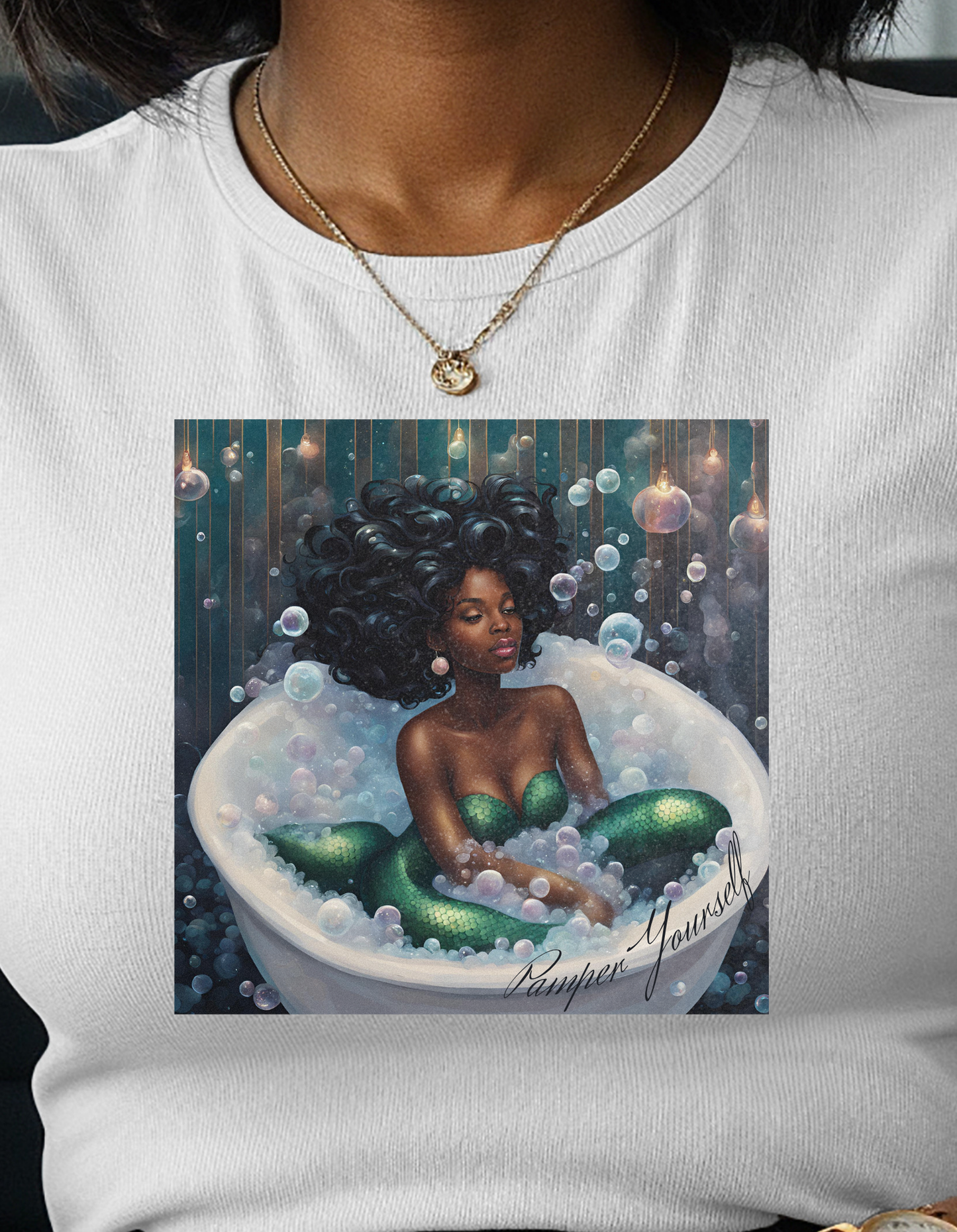 Pamper Yourself Black Mermaid Tee — Relaxing Bathtub Graphic