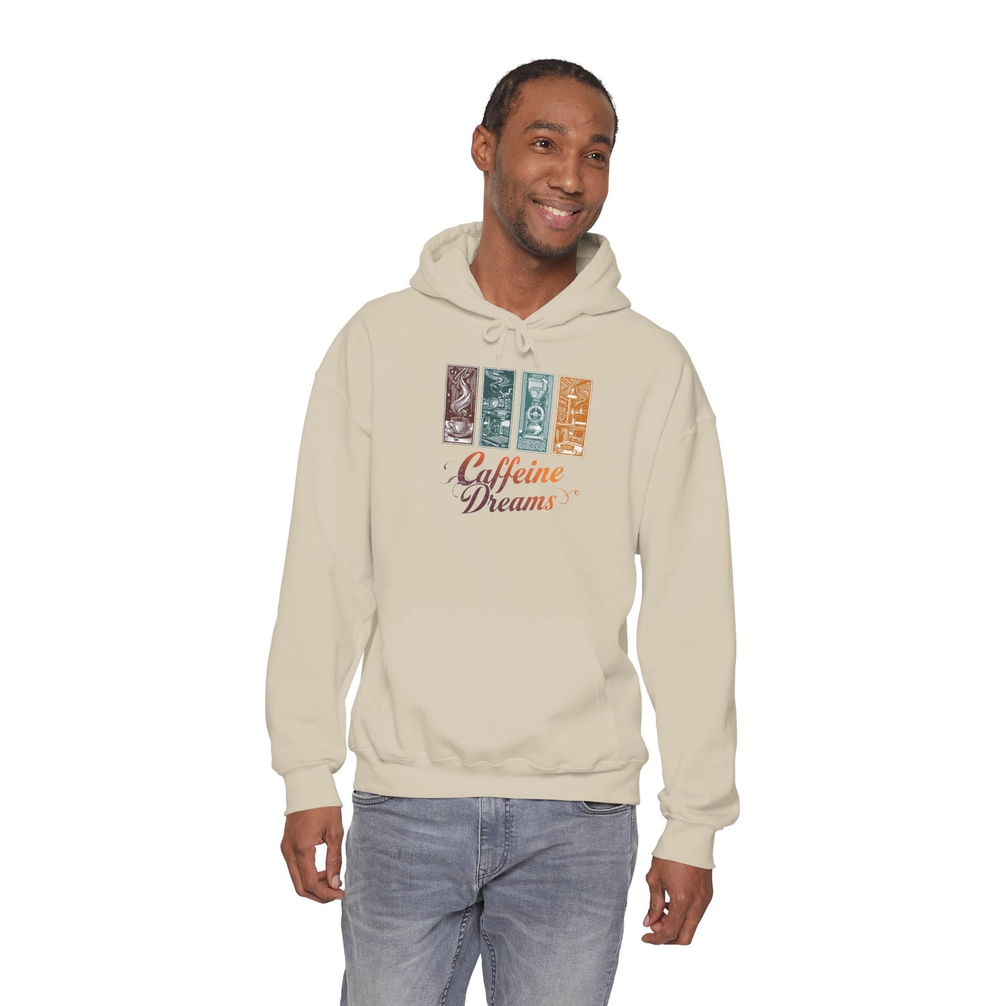 Caffeine Dreams Hoodie — Four-Panel Coffee Graphic