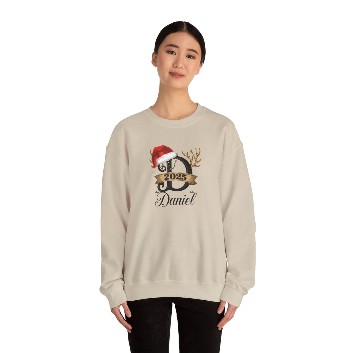 Personalized Christmas Monogram Sweatshirt — Antlers, Santa Hat & Lights