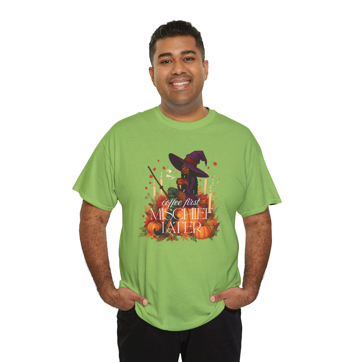 Witchy Pumpkin Patch Tee — "Coffee First, Mischief Later" Black Witch Latte Graphic