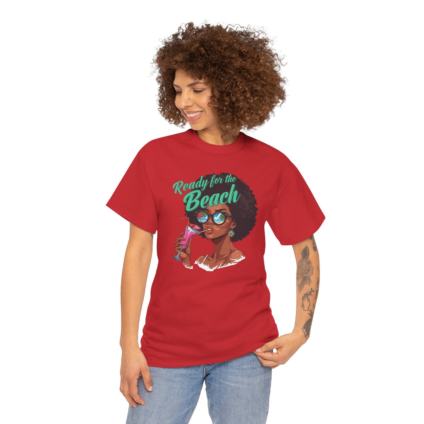 Ready for the Beach Tee — Afro Woman Sunglasses & Cocktail Graphic