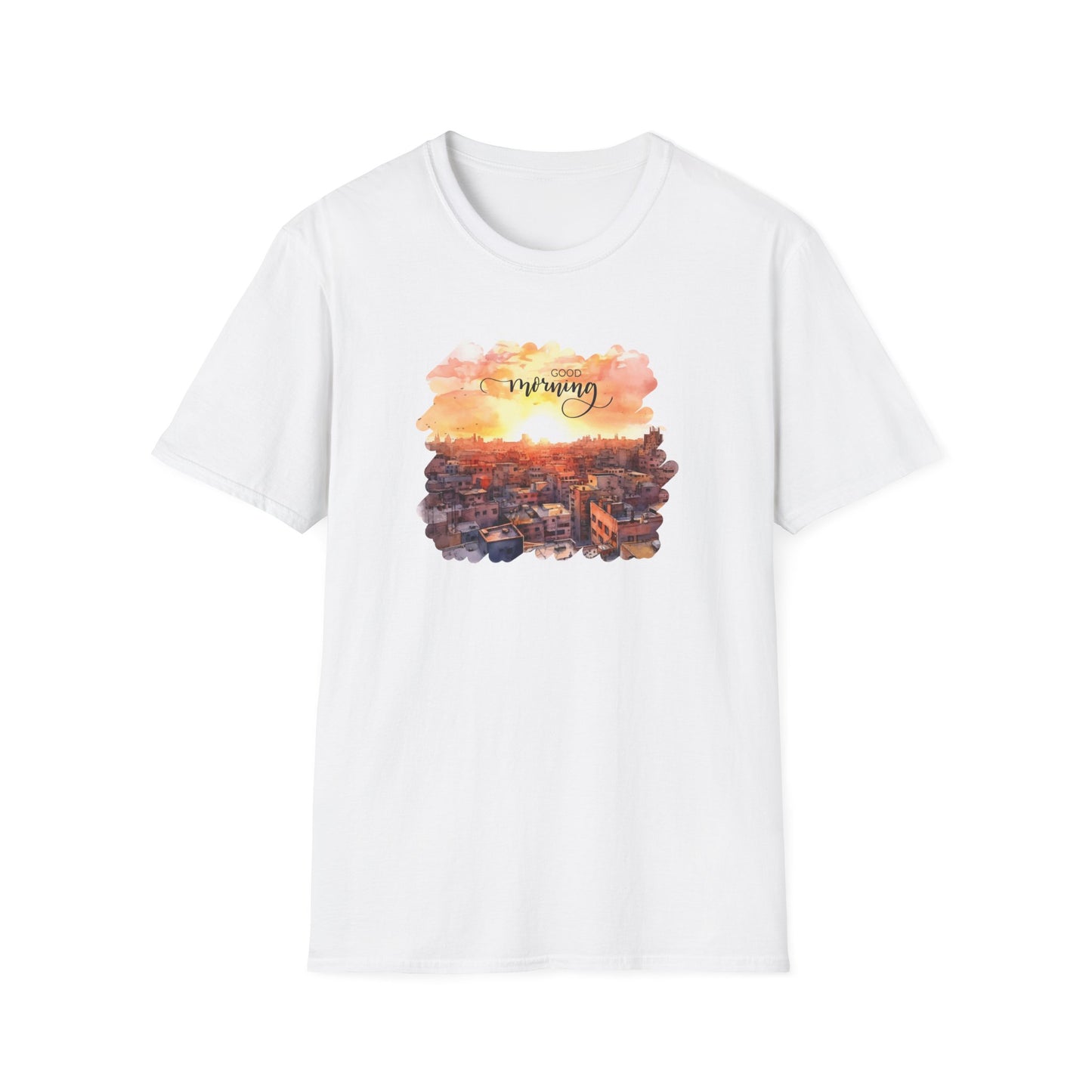 Cityscape Sunrise Unisex T-Shirt with 'Good Morning' Graphic