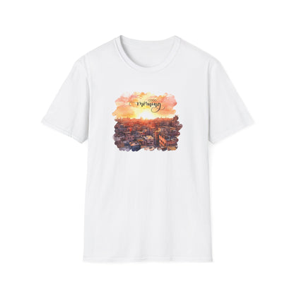 Cityscape Sunrise Unisex T-Shirt with 'Good Morning' Graphic