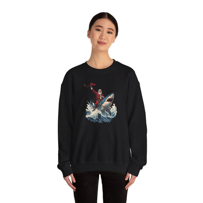 Santa Riding a Shark Sweatshirt — Funny Holiday Shark Claus Crewneck