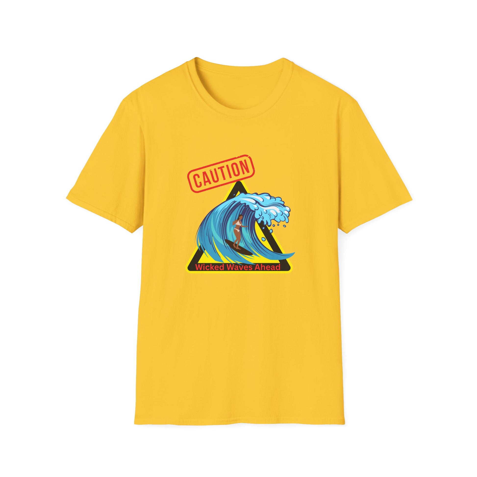 Surfer Caution Unisex T-Shirt - Wicked Waves Ahead Graphic