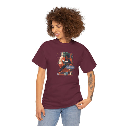 Bookaholic Unisex Tee - Black Woman Relaxing with Books and Cat Graphic