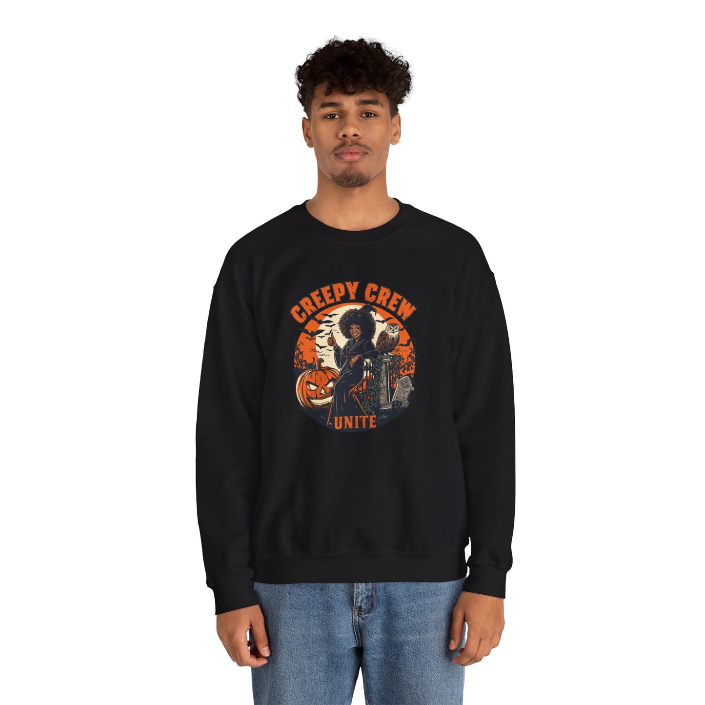 Creepy Crew Unite Witch Sweatshirt — African American Witch Pumpkin Graveyard