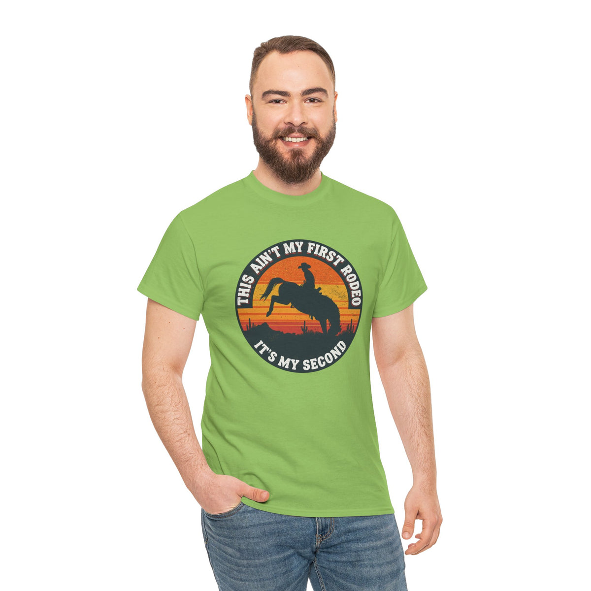 This Ain't My First Rodeo Tee — Backwards Bronco Sunset Cowboy Shirt