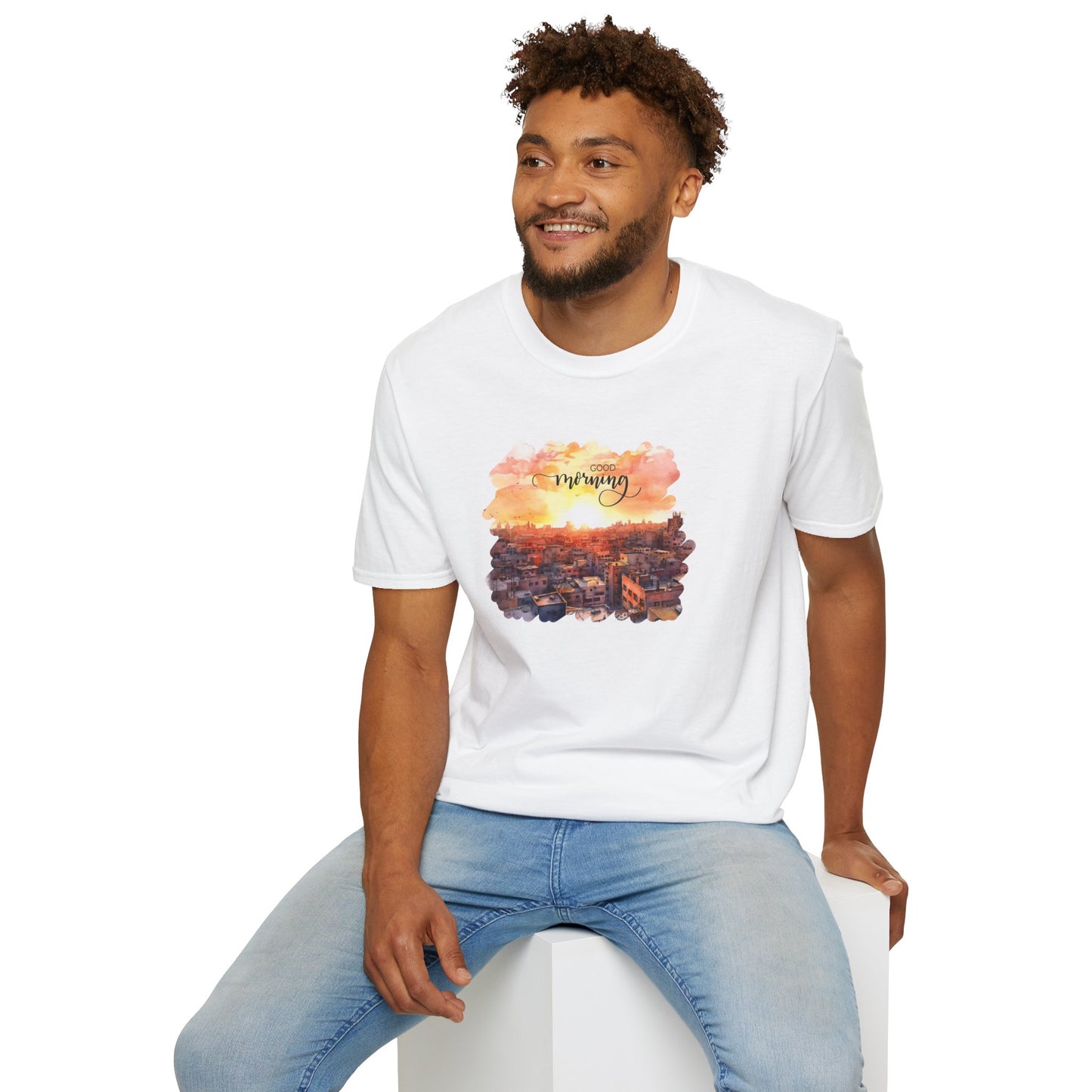 Cityscape Sunrise Unisex T-Shirt with 'Good Morning' Graphic