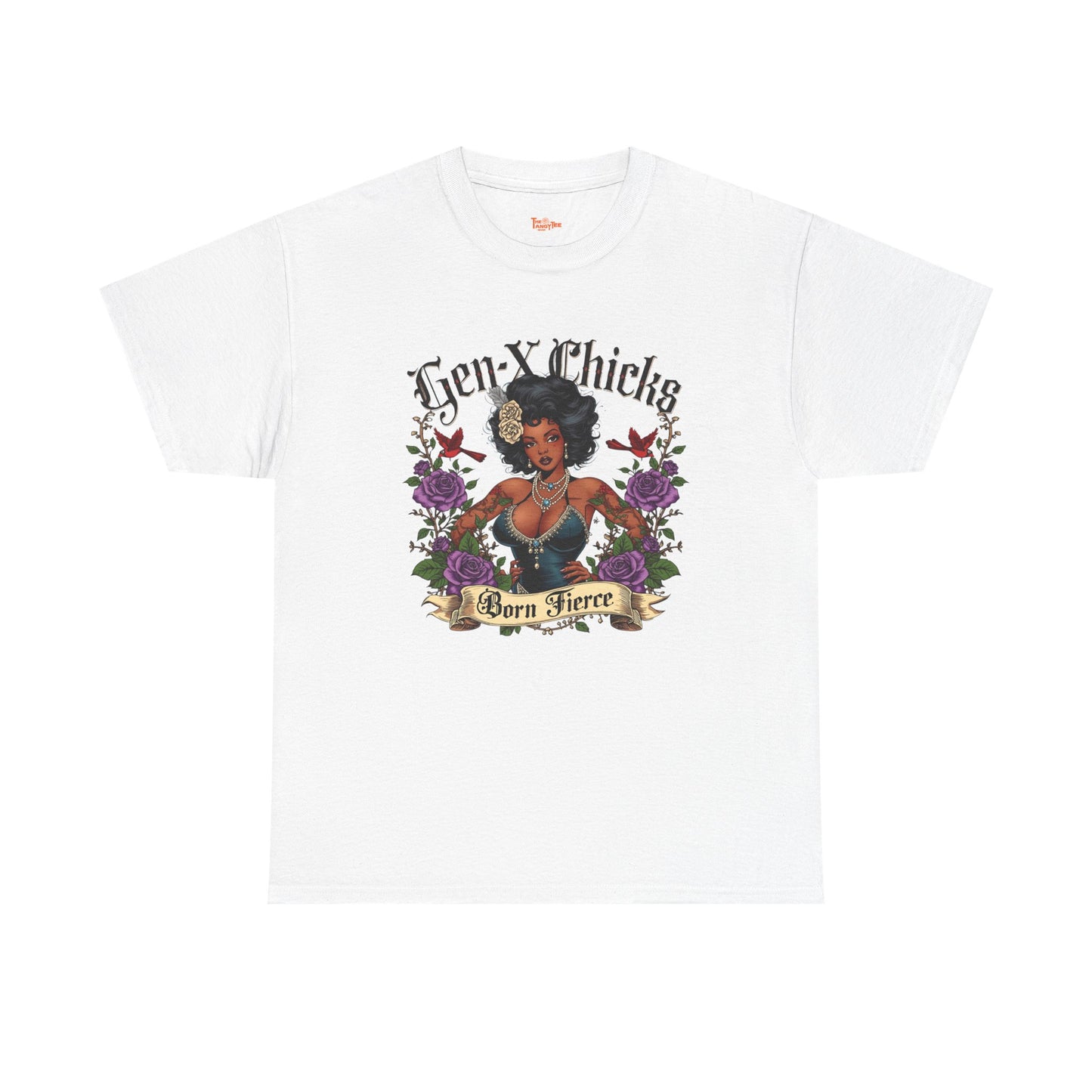 Gen X Chicks Born Fierce T-Shirt — Retro African American Rocker with Purple Flowers