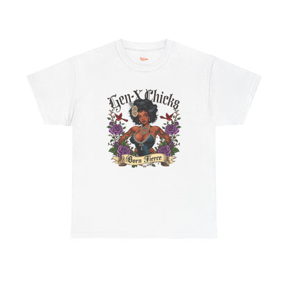Gen X Chicks Born Fierce T-Shirt — Retro African American Rocker with Purple Flowers