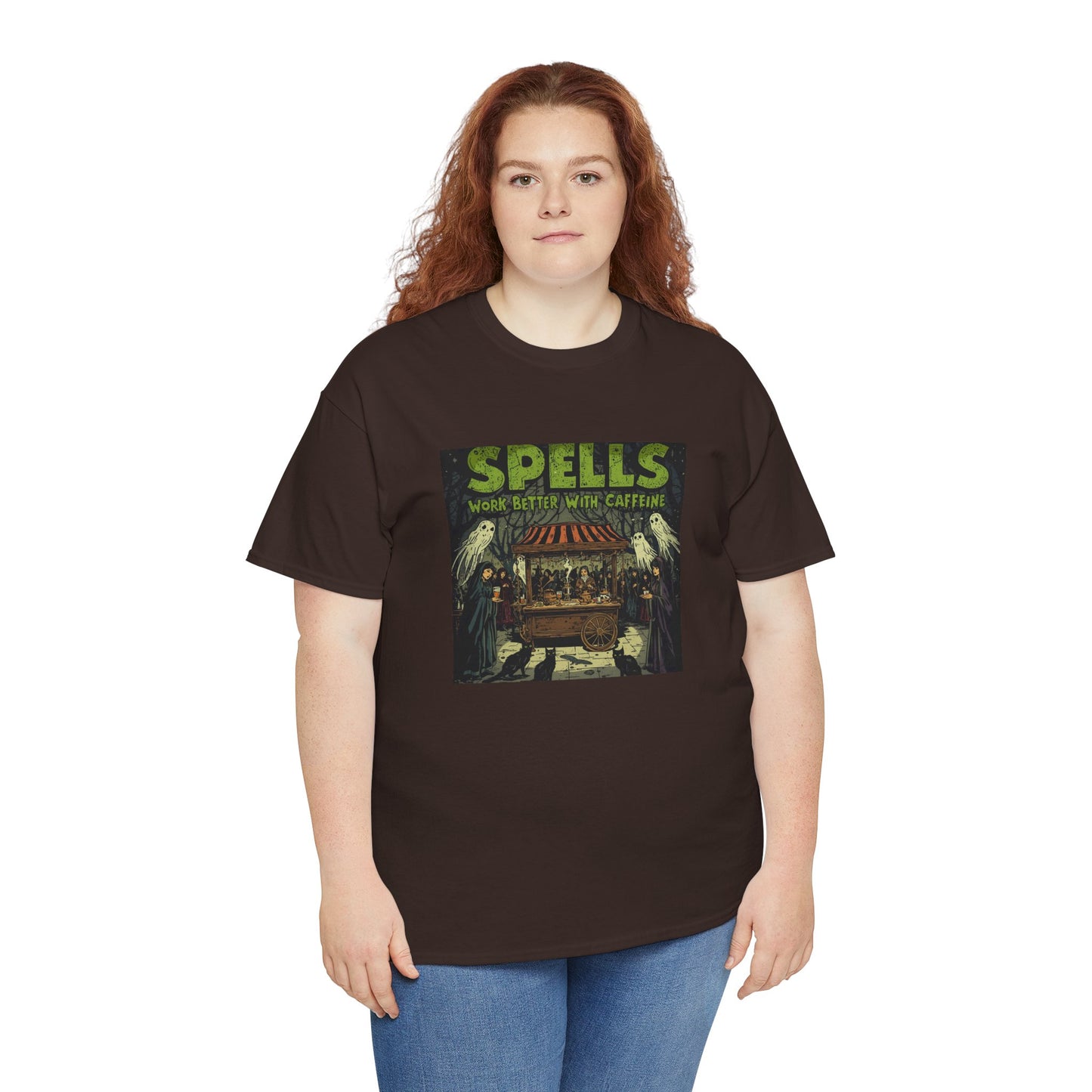T-Shirt Spells Work Better with Caffeine Gothic Witches Animals Tee