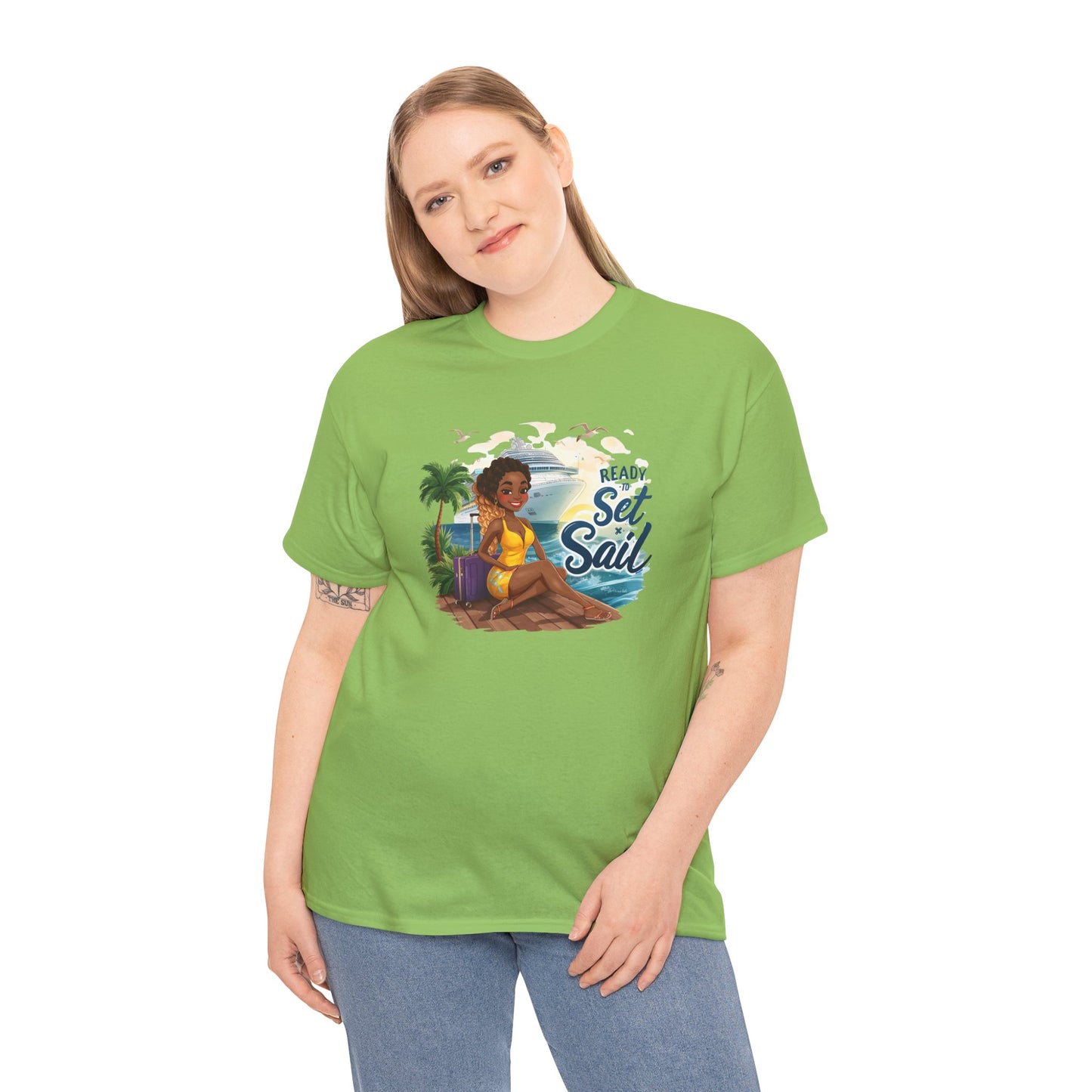 Ready to Set Sail T‑Shirt — Black Woman in Yellow Dress Pier & Cruise Ship Graphic