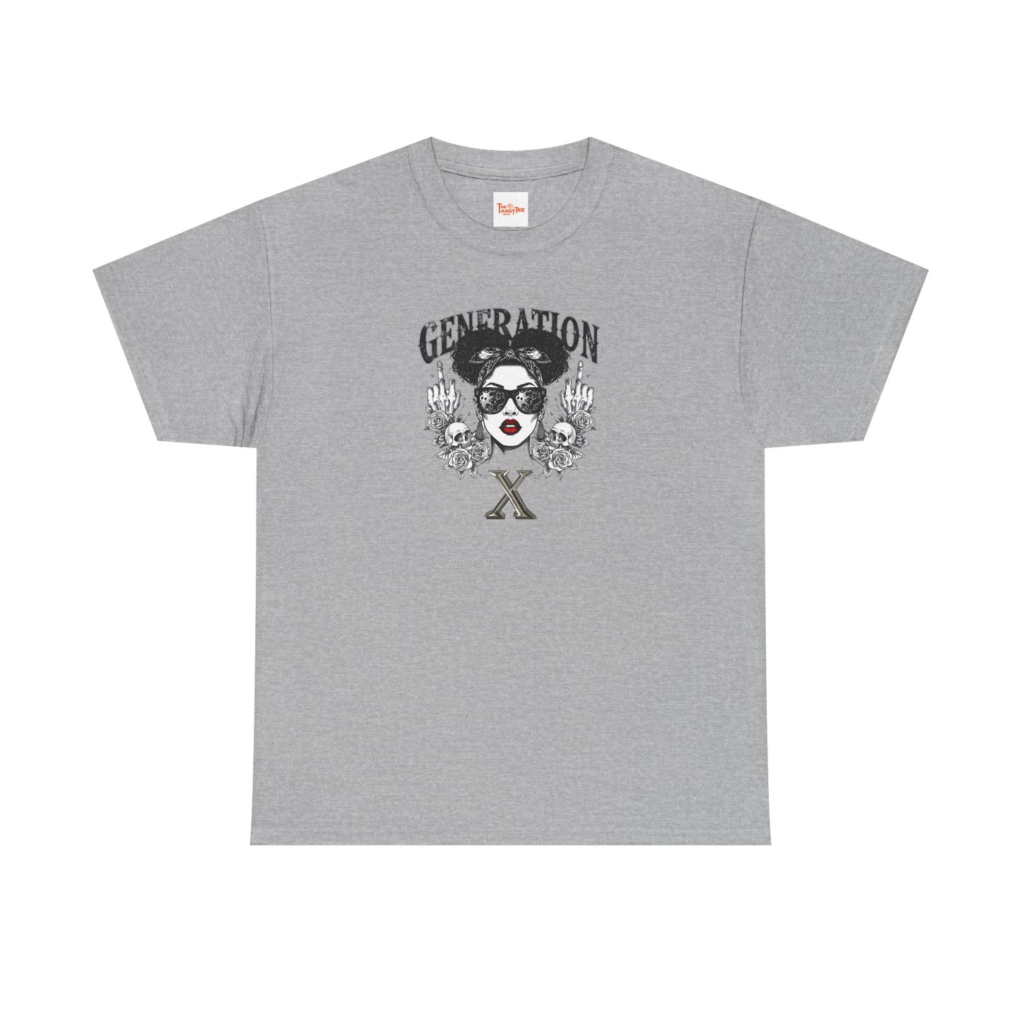 Generation X Black Woman Graphic Tee — Skeletal Hands & Middle Fingers
