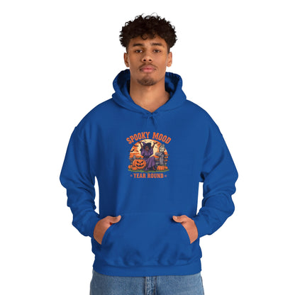 Spooky Mood Year-Round Witch Hoodie — Happy Black Witch with Pumpkins & Bats