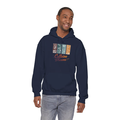 Caffeine Dreams Hoodie — Four-Panel Coffee Graphic