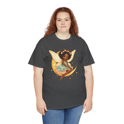 African American Fairy on Crescent Moon T-Shirt — Pink & Mint Fantasy Tee