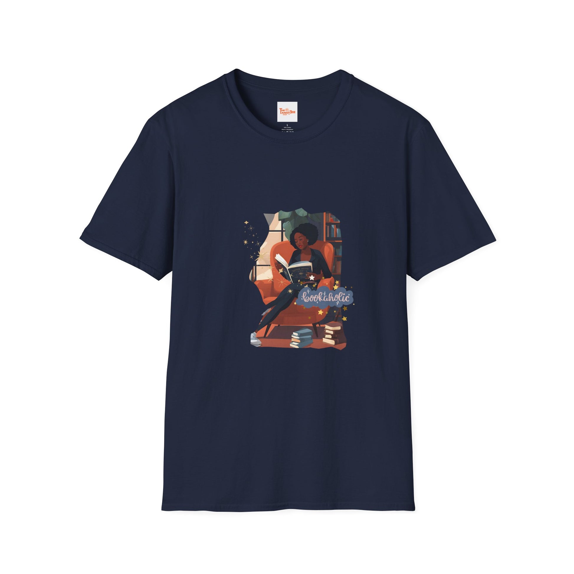 Bookaholic Unisex T-Shirt - Woman Reading in Chair Graphic