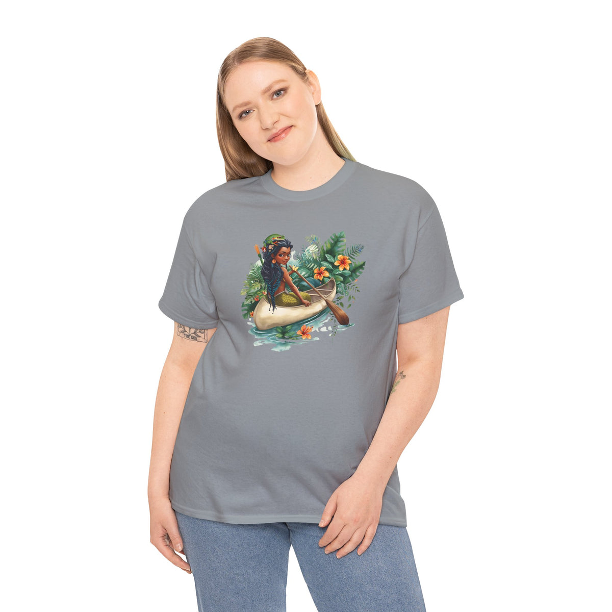 Mermaid Canoe T-Shirt — Black Mermaid Rowing Through Jungle with Frog Graphic