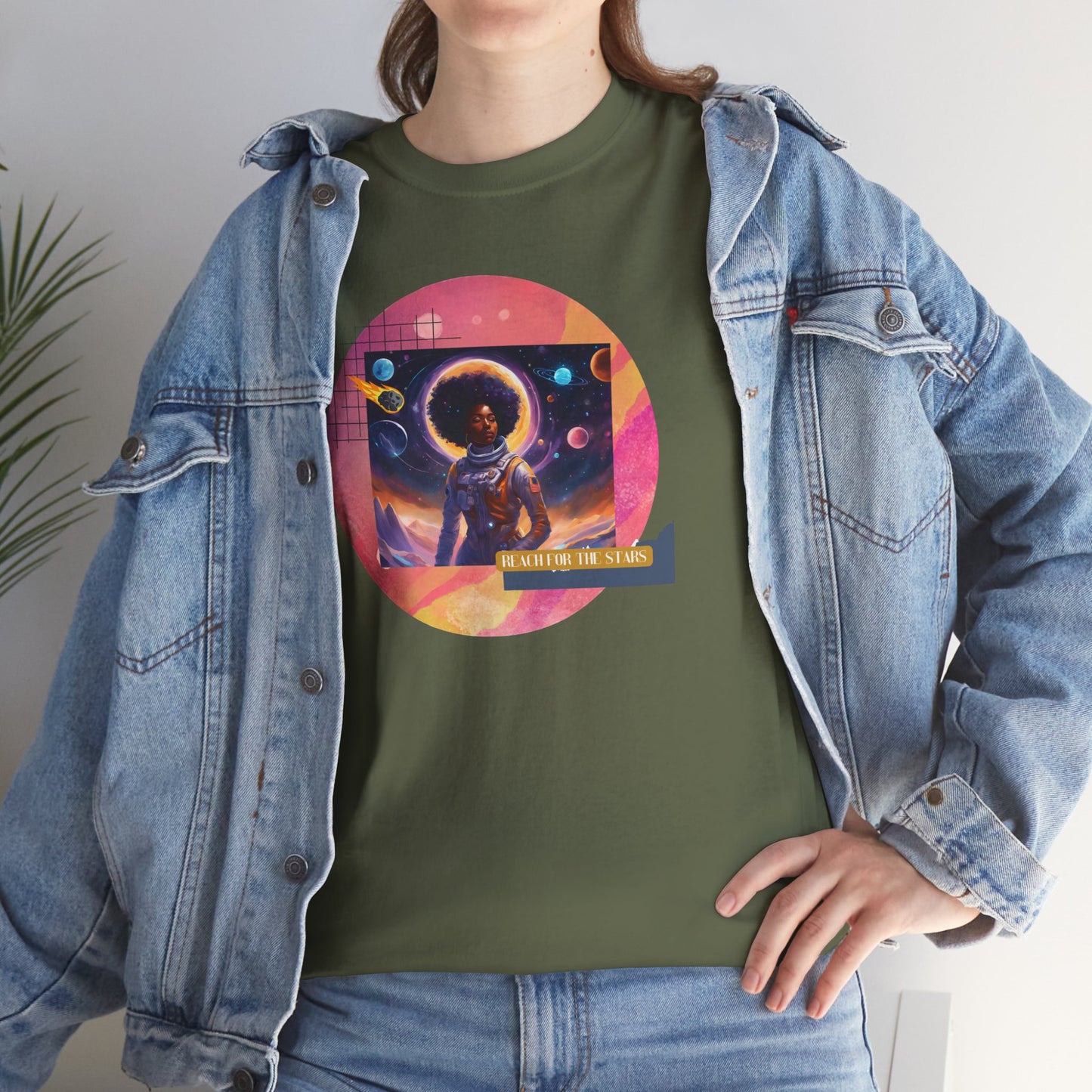 Graphic Tee - Reach for the Stars, Black Female Astronaut Design