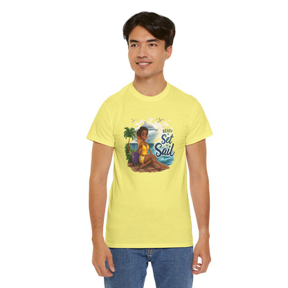 Ready to Set Sail T‑Shirt — Black Woman in Yellow Dress Pier & Cruise Ship Graphic