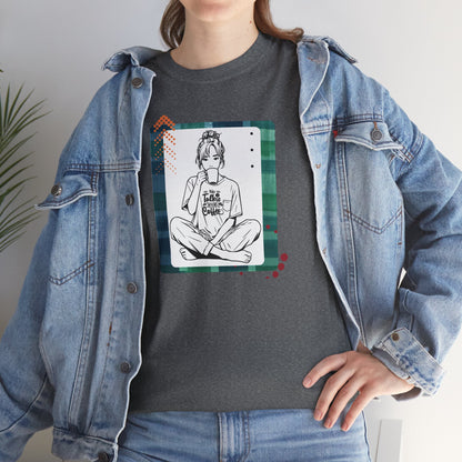 No Talkie Without Coffee T-Shirt — Woman Sitting with Coffee Graphic