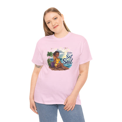 Ready to Set Sail T‑Shirt — Black Woman in Yellow Dress Pier & Cruise Ship Graphic