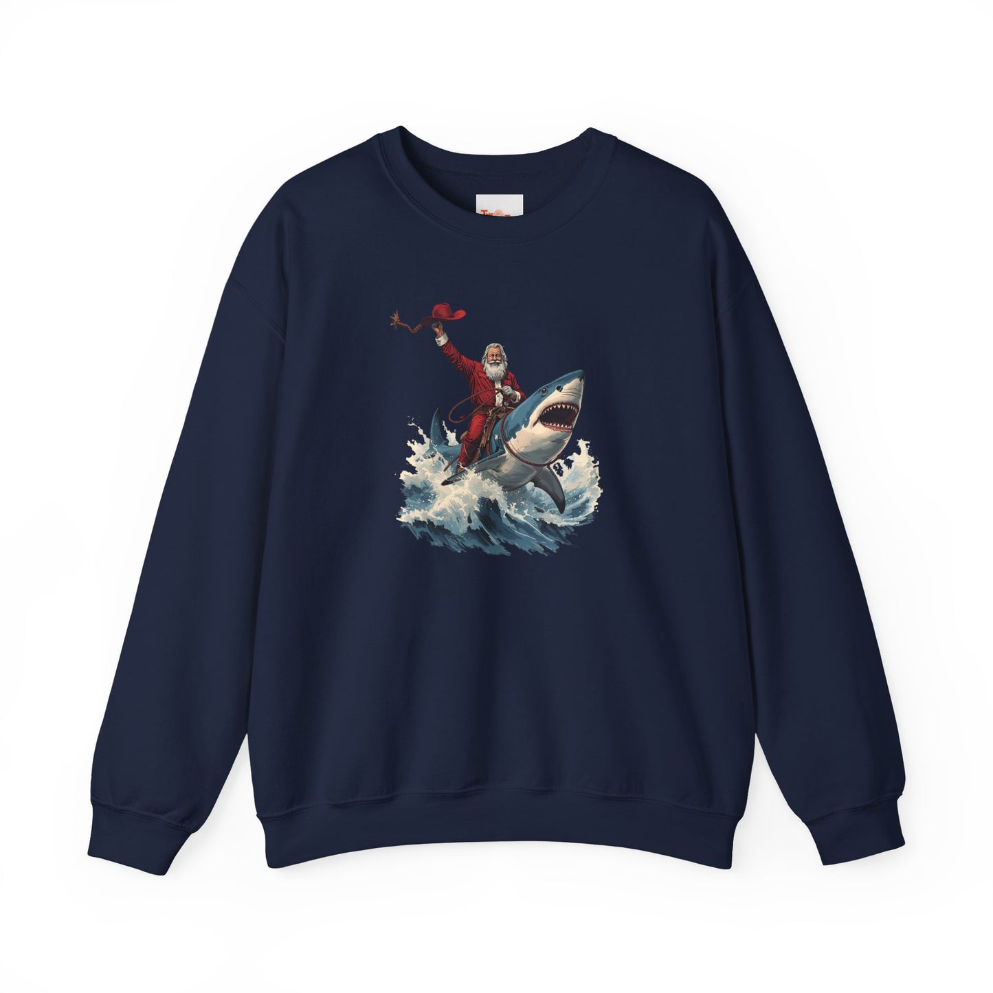 Santa Riding a Shark Sweatshirt — Funny Holiday Shark Claus Crewneck
