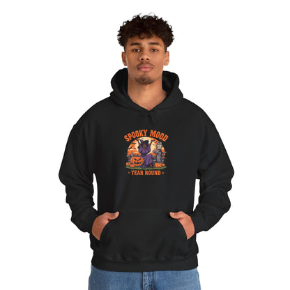 Spooky Mood Year-Round Witch Hoodie — Happy Black Witch with Pumpkins & Bats