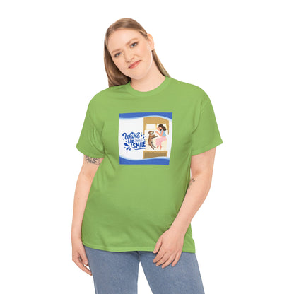 Graphic Tee - Wake up and Smile, Woman and Dog in Bed Design