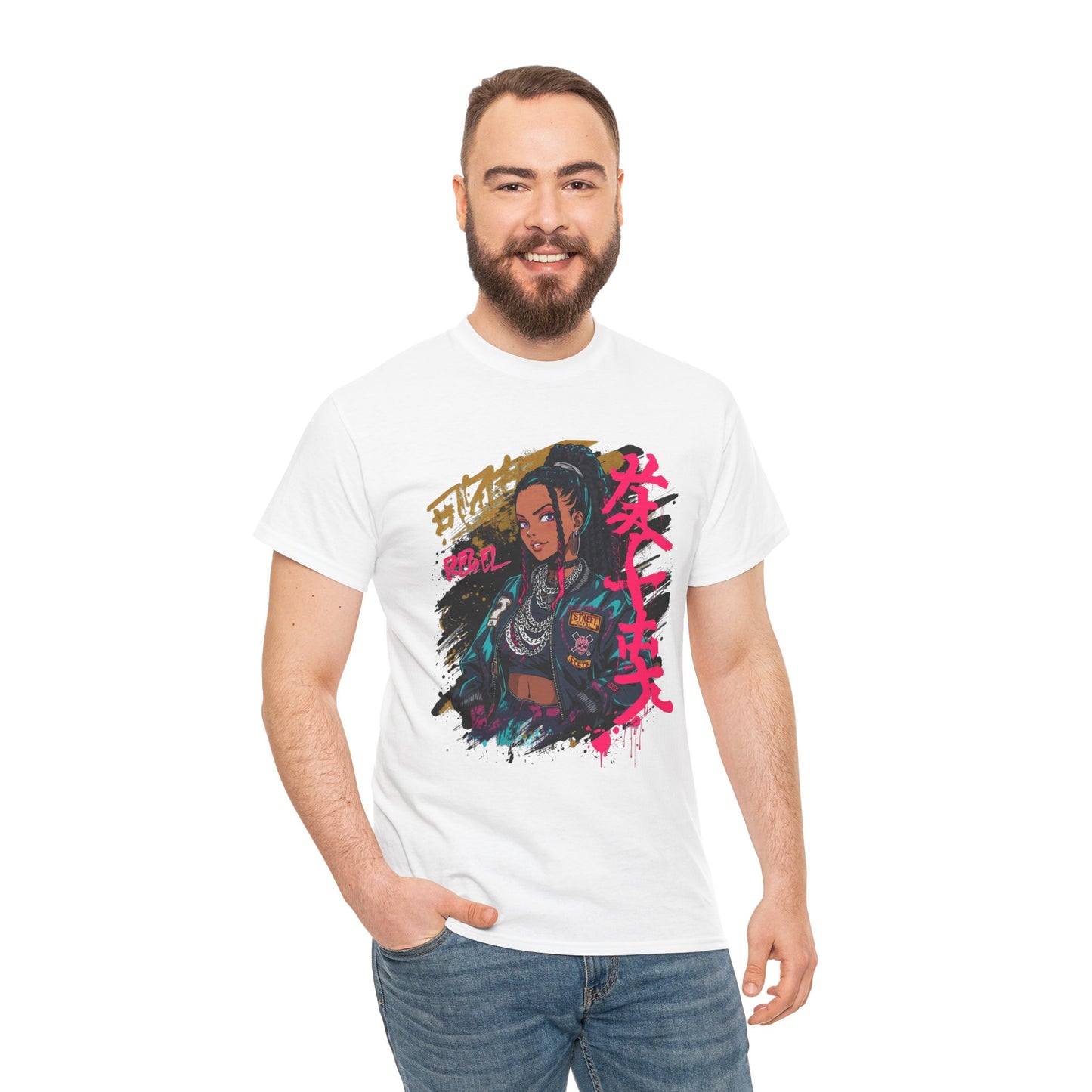 Rebel African American Anime Woman Graphic Tee — Graffiti & Asian Symbol Design