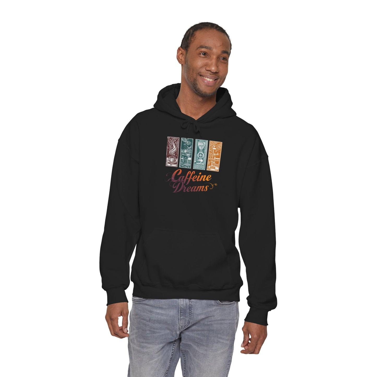 Caffeine Dreams Hoodie — Four-Panel Coffee Graphic