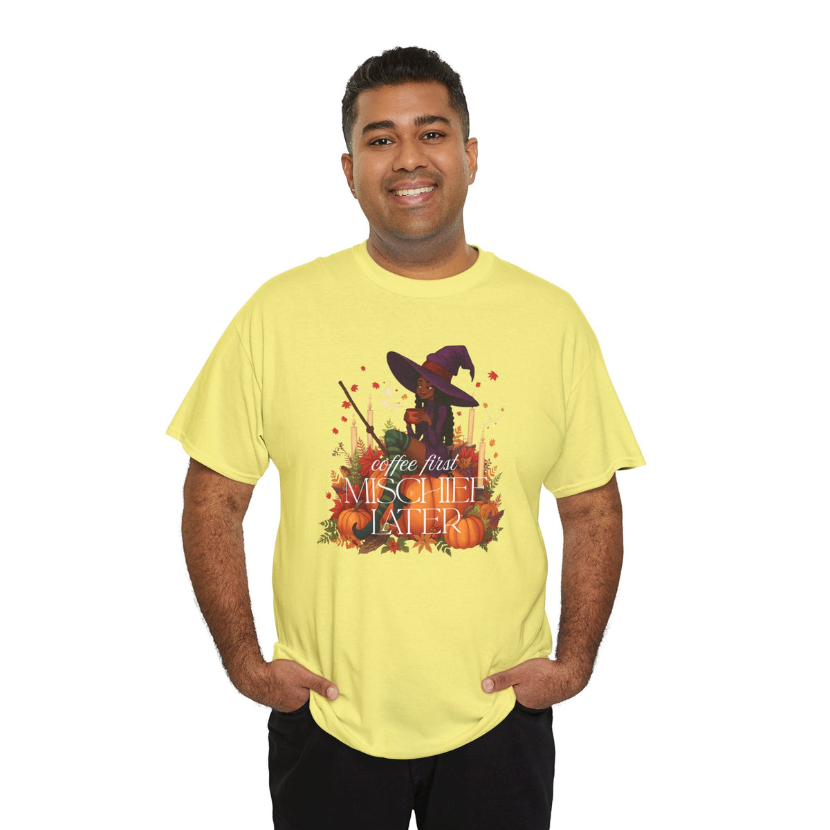 Witchy Pumpkin Patch Tee — "Coffee First, Mischief Later" Black Witch Latte Graphic