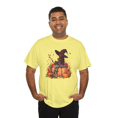 Witchy Pumpkin Patch Tee — "Coffee First, Mischief Later" Black Witch Latte Graphic