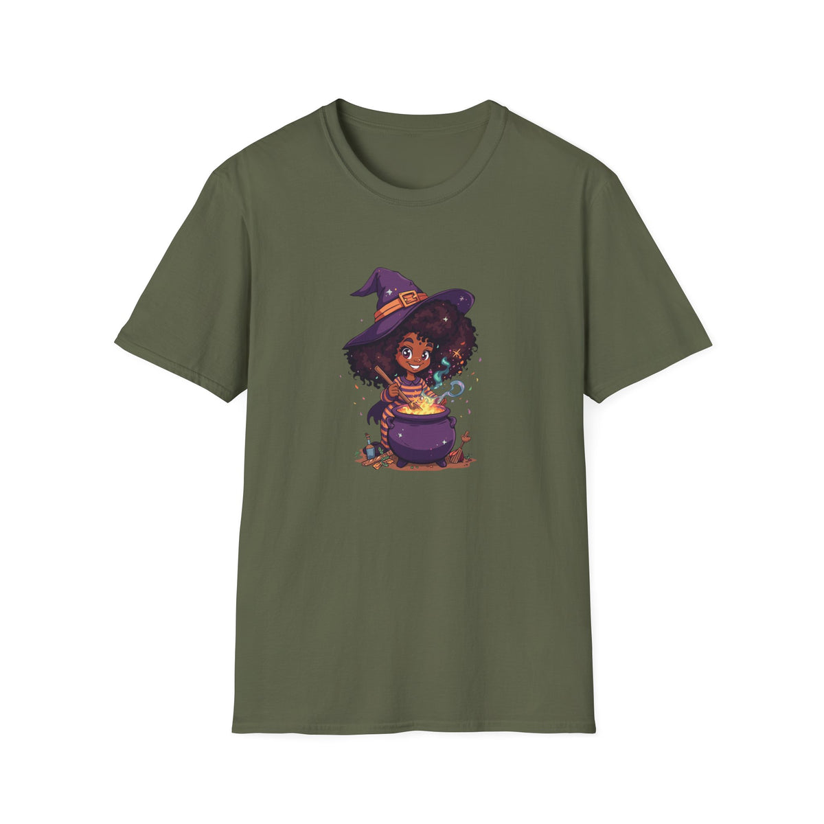 Happy Little Black Witch Stirring Cauldron