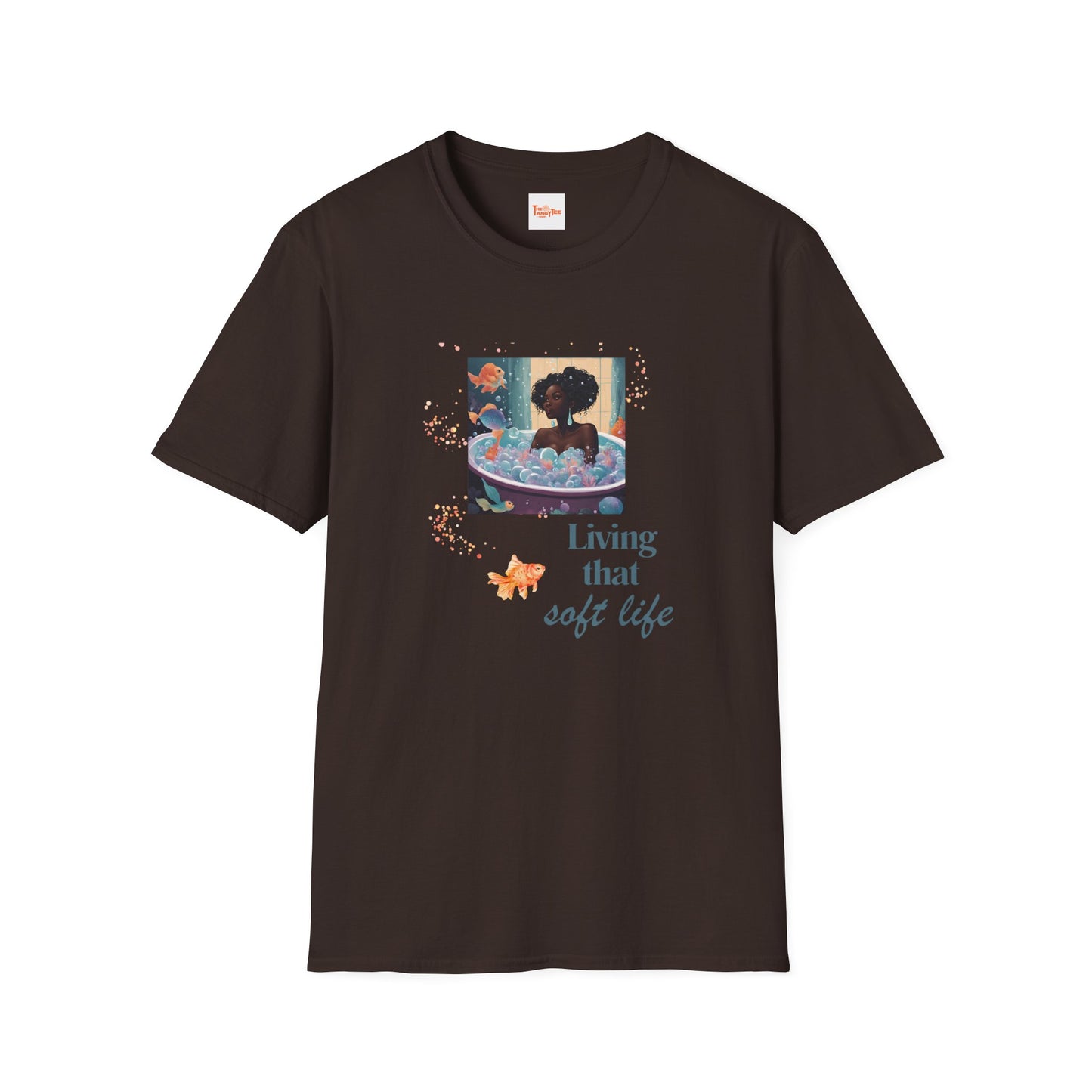 Soft Life Graphic Unisex T-Shirt - Black Woman in Bath with Goldfish and Bubbles