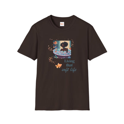 Soft Life Graphic Unisex T-Shirt - Black Woman in Bath with Goldfish and Bubbles